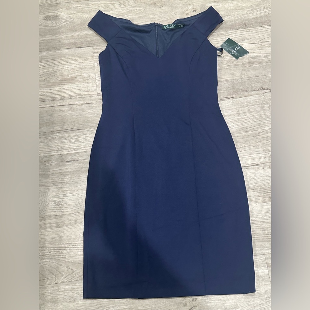 Lauren Ralph Lauren Navy One-Shoulder Sheath Dress